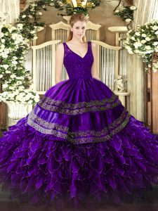 Ideal Ball Gowns Sweet 16 Dress Purple V-neck Organza Sleeveless Floor Length Backless