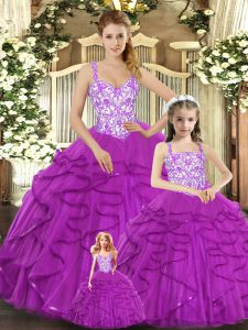 Ball Gowns 15 Quinceanera Dress Fuchsia Straps Organza Sleeveless Floor Length Lace Up