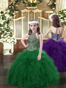 Dark Green Ball Gowns Halter Top Sleeveless Organza Floor Length Lace Up Beading and Ruffles Pageant Dress for Womens