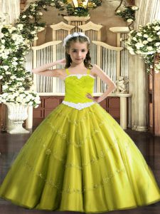 Yellow Green Lace Up Straps Appliques Child Pageant Dress Tulle Sleeveless
