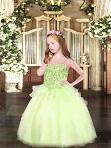 Fantastic Yellow Green Organza Lace Up Spaghetti Straps Sleeveless Floor Length Child Pageant Dress Appliques