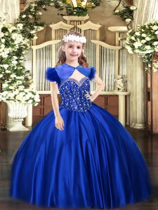 Satin Straps Sleeveless Lace Up Beading Little Girl Pageant Dress in Royal Blue
