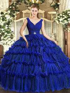 Cheap Organza V-neck Sleeveless Backless Beading and Ruffled Layers 15 Quinceanera Dress in Royal Blue
