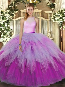 Admirable Multi-color Organza Backless High-neck Sleeveless Floor Length Quinceanera Dress Ruffles