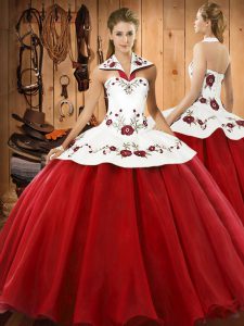 Custom Design Sleeveless Floor Length Embroidery Lace Up Quinceanera Dresses with Wine Red