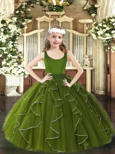 Floor Length Zipper Pageant Dress for Womens Olive Green for Party and Quinceanera with Beading and Ruffles