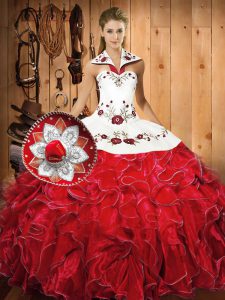 Sleeveless Satin and Organza Floor Length Lace Up Quinceanera Dress in White And Red with Embroidery and Ruffles