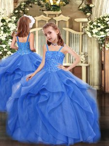 Sleeveless Organza Floor Length Lace Up Little Girls Pageant Gowns in Blue with Beading and Ruffles