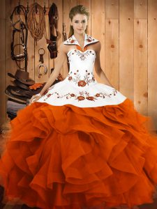 Sleeveless Tulle Floor Length Lace Up Quinceanera Gown in Orange Red with Embroidery and Ruffles