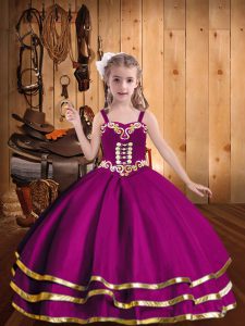 Fuchsia Organza Lace Up Little Girls Pageant Gowns Sleeveless Floor Length Beading and Ruffled Layers