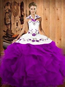 Delicate Purple Ball Gowns Halter Top Sleeveless Satin and Organza Floor Length Lace Up Embroidery and Ruffles Sweet 16 Dress