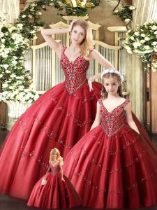 Romantic Floor Length Lace Up Quince Ball Gowns Red for Military Ball and Sweet 16 and Quinceanera with Beading