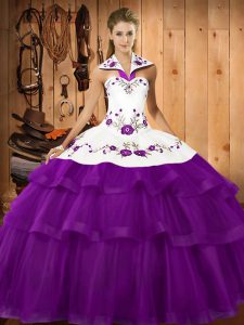 Chic Sweep Train Ball Gowns Sweet 16 Quinceanera Dress Purple Halter Top Organza Sleeveless Lace Up