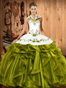 Sleeveless Satin and Organza Floor Length Lace Up Sweet 16 Quinceanera Dress in Olive Green with Embroidery and Ruffles