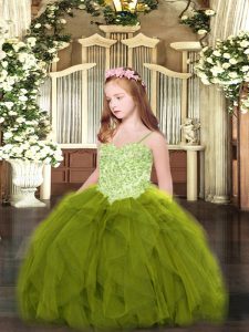 Superior Olive Green Tulle Lace Up Spaghetti Straps Sleeveless Floor Length Pageant Dress Toddler Appliques and Ruffles