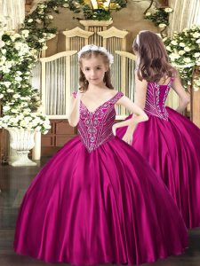 Unique Sleeveless Satin Floor Length Lace Up Little Girl Pageant Gowns in Fuchsia with Beading