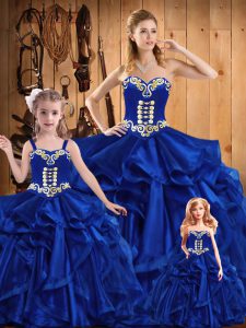 Customized Sleeveless Organza Floor Length Lace Up Sweet 16 Dress in Royal Blue with Embroidery and Ruffles