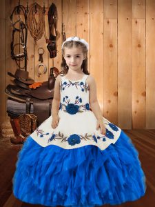 Top Selling Blue Winning Pageant Gowns Sweet 16 and Quinceanera with Beading and Ruffles Straps Sleeveless Lace Up