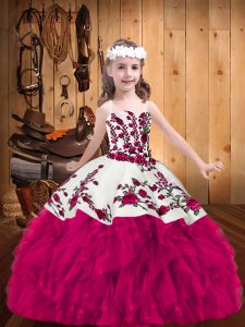 Organza Straps Sleeveless Lace Up Embroidery Winning Pageant Gowns in Fuchsia