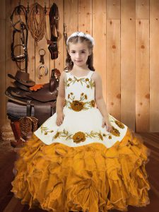 Straps Sleeveless Little Girls Pageant Dress Wholesale Floor Length Embroidery and Ruffles Gold Organza