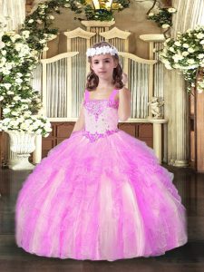 High End Organza Straps Sleeveless Lace Up Beading and Ruffles Little Girls Pageant Dress in Lilac