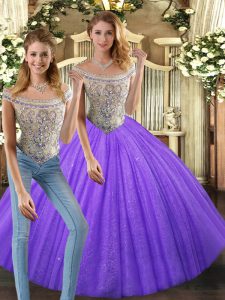 Beautiful Eggplant Purple Tulle Lace Up Bateau Sleeveless Floor Length Quinceanera Gown Beading