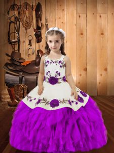 Hot Selling Purple Sleeveless Floor Length Embroidery and Ruffles Lace Up Kids Formal Wear