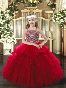 High Quality Wine Red Lace Up Little Girl Pageant Gowns Beading and Ruffles Sleeveless Floor Length