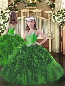 Superior Organza Straps Sleeveless Lace Up Beading and Ruffles Child Pageant Dress in Dark Green