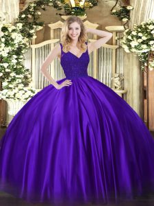 Sleeveless Floor Length Beading Zipper Quinceanera Dress with Purple