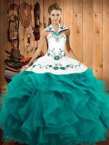 Comfortable Teal Tulle Lace Up Vestidos de Quinceanera Sleeveless Floor Length Embroidery and Ruffles