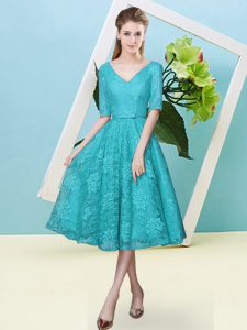 New Style Tea Length Teal Dama Dress for Quinceanera V-neck Half Sleeves Lace Up