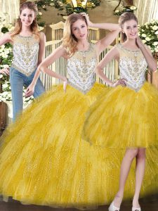 Most Popular Yellow Three Pieces Scoop Sleeveless Organza Floor Length Zipper Beading and Ruffles 15th Birthday Dress