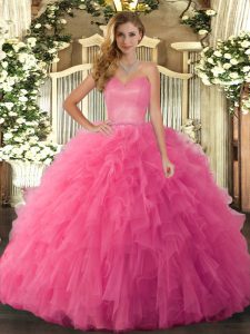 Sophisticated Hot Pink Lace Up Sweet 16 Quinceanera Dress Ruffles Sleeveless Floor Length