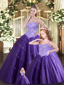Hot Sale Purple Tulle Lace Up Sweetheart Sleeveless Floor Length Sweet 16 Quinceanera Dress Beading