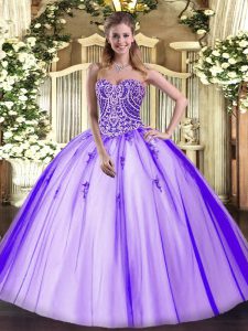 High End Lavender Ball Gowns Beading Sweet 16 Dress Lace Up Tulle Sleeveless Floor Length