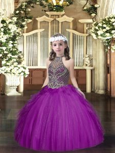 Purple Halter Top Lace Up Beading and Ruffles Kids Formal Wear Sleeveless