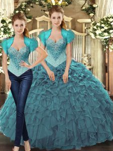 Dramatic Tulle Sleeveless Floor Length 15 Quinceanera Dress and Beading and Ruffles