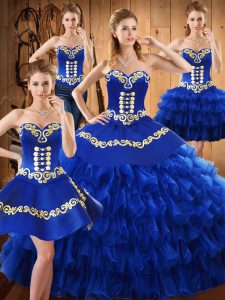 Low Price Floor Length Lace Up Quinceanera Gown Blue for Military Ball and Sweet 16 and Quinceanera with Embroidery and Ruffled Layers