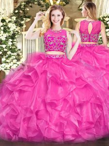 Floor Length Hot Pink Quinceanera Dress Tulle Sleeveless Beading and Ruffles