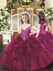 V-neck Sleeveless Organza Pageant Dress Wholesale Beading and Ruffles Lace Up