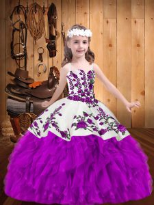 Gorgeous Purple Ball Gowns Straps Sleeveless Organza Floor Length Lace Up Beading and Embroidery Pageant Dress