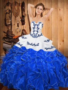 Floor Length Blue And White Quinceanera Dresses Satin and Organza Sleeveless Embroidery and Ruffles