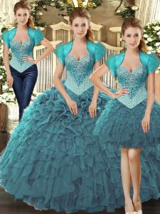 Flare Tulle Straps Sleeveless Lace Up Beading and Ruffles Quinceanera Gowns in Teal