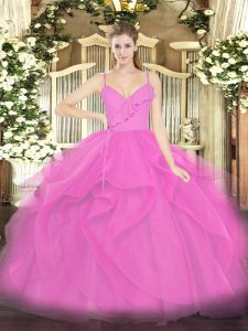 Lilac Ball Gowns Spaghetti Straps Sleeveless Tulle Floor Length Zipper Ruffles 15th Birthday Dress