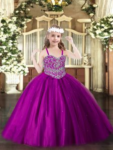 Straps Sleeveless Little Girls Pageant Dress Wholesale Floor Length Beading Fuchsia Tulle