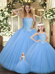 Glittering Baby Blue Tulle Lace Up Sweetheart Sleeveless Floor Length Sweet 16 Quinceanera Dress Beading