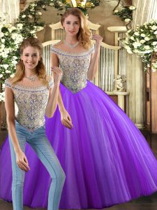 Floor Length Eggplant Purple Ball Gown Prom Dress Tulle Sleeveless Beading