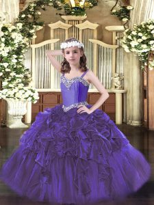 Sleeveless Floor Length Beading and Ruffles Lace Up Winning Pageant Gowns with Purple