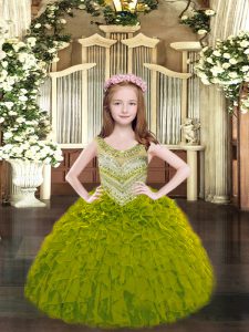 Excellent Organza Scoop Sleeveless Lace Up Beading and Ruffles Child Pageant Dress in Olive Green